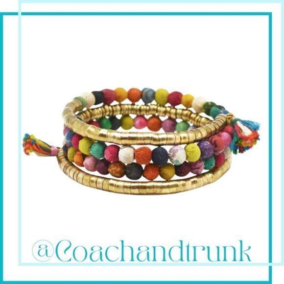 Artisan Jewelry - Sari Cloth Coil Wrap Bracelet Handcrafted India 2 Tassels Semi Adjustable NWT